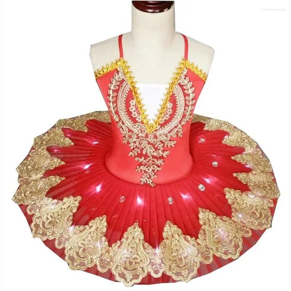 Palco desgaste profissional led ballet tutu vestido para crianças vermelho 2024 trajes latinos crianças panqueca meninas dancewear