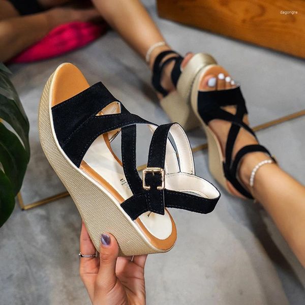 Sandálias cunhas plataforma para mulheres verão casual moda senhoras sapatos peep toe tornozelo fivela cinta andando saltos confortáveis sandália