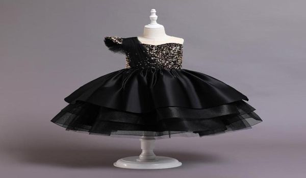 Altın Siyah Ballsown Çiçek Kız Elbiseleri Düğün için Boncuklu Kabarık Küçük Kızlar Pageant Elbise Sequined Toddler İlk Commu5571578