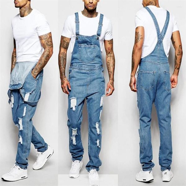 Calças masculinas rasgadas denim bib macacão moda comprimento total suspender diário clássico jeans high street macacão calças casuais