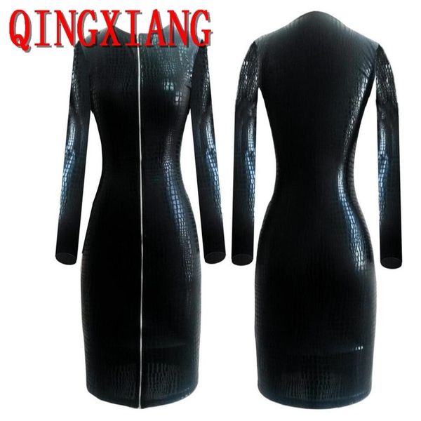 S3XL Sexy Club Kunstleder Kleid Frauen Schwarz Schlangenleder PVC Figurbetonter Reißverschluss vorne Mode Lange Ärmel Schlangenhaut Enges Kleid 240118