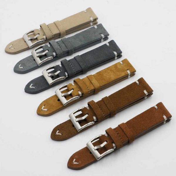 Замшевый кожаный ремешок для часов 18 мм, 20 мм, 22 мм, 24 мм, коричневый кофейный ремешок для часов, сменный браслет ручной работы с вышивкой278S