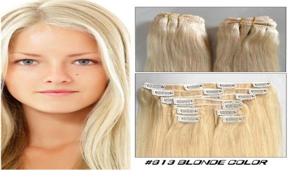 İnsan saç uzatmasında sarışın renk klipsi düz 16quot24quot indian remy klip saç üzerinde ucuz saç1381266238131