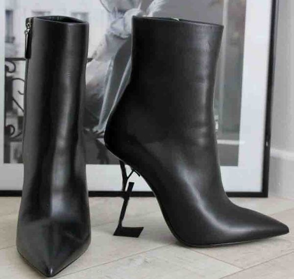 Opyum Stivaletti Punta a punta Tacchi a forma speciale Pelle di vitello nera Ragazze Donna Designer Pelle scamosciata Suola Stivaletti moda Scarpe Vendita di fabbrica