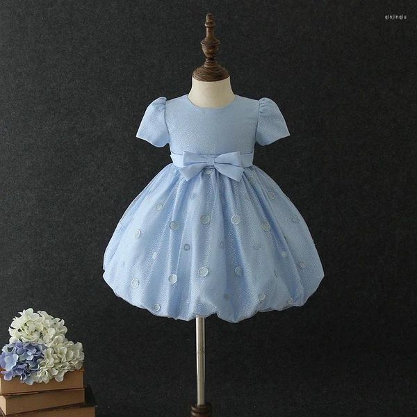 Kız elbiseler 1 yaşındaki doğum günü mavi bebek yay bling pembe moda melek vestido resmi küçük kızlar rbf194013
