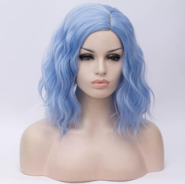 Sexy curto ondulado bob perucas luz azul peruca sintética resistente ao calor fibra cabelo lateral separação para festa feminina cosplay1138478