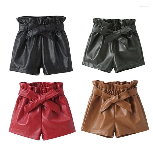 Shorts für Kleinkinder, Mädchen, Leder, einfarbig, elastische Taille, Schnürung vorne, lässig, gerades Bein, mit Gürtel für Babys von 1–6 Jahren