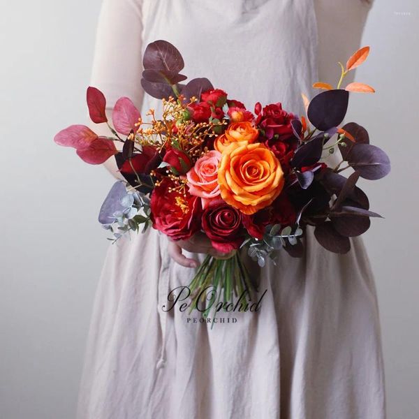 Hochzeitsblumen PEORCHID OrangeBurgund Rose Brautstrauß Vintage Künstliche gemischte Farbe Brautjungfer Handgriff für Bräute