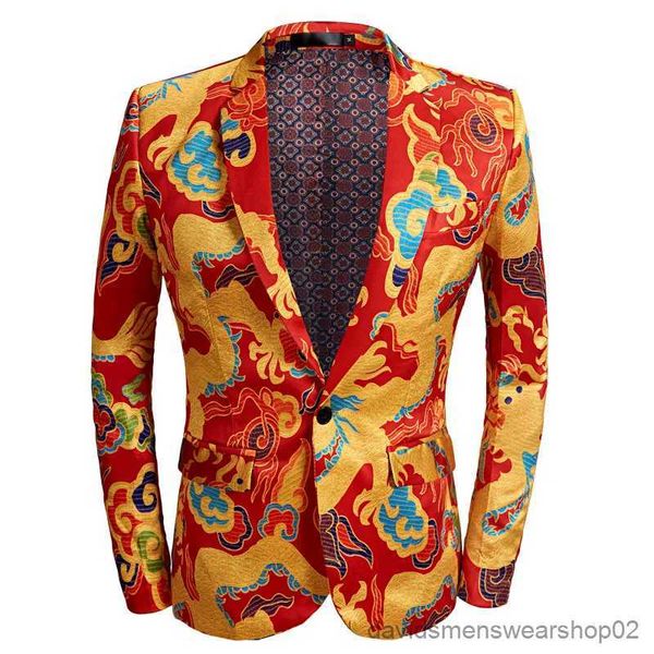 Ternos masculinos blazers 2023 moda masculina casual estilo chinês vermelho dragão padrão terno / masculino magro palco festa 2 pçs blazers define jaqueta calças