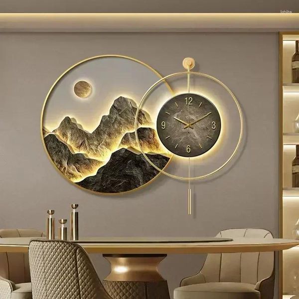 Relógios de parede pintura decorativa com relógio de volta pendurado high-end sala de estar paisagem luz luxo mural