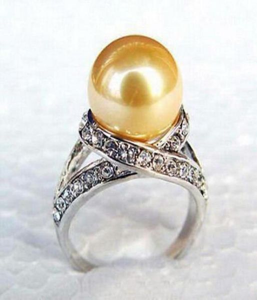 Anello in cristallo placcato oro bianco con perla intera gialla dorata del Mare del Sud Misura 678953533536013437