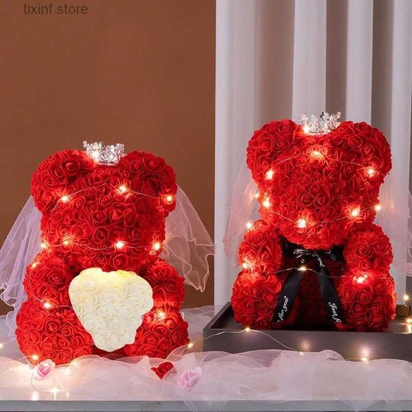 Objetos decorativos Figuras Flores artificiais Rosa urso 25 cm urso de rosa com coroa Luz do dia dos namorados Caixa de presente namorada de aniversário de casamento t240219