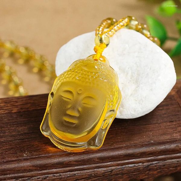 Collane con ciondolo 1 pz Citrino Smerigliato Testa di Buddha Figurine Collana Amuleto Regalo Souvenir Talismano Gioielli Per Uomini Donne Buddisti Seguaci