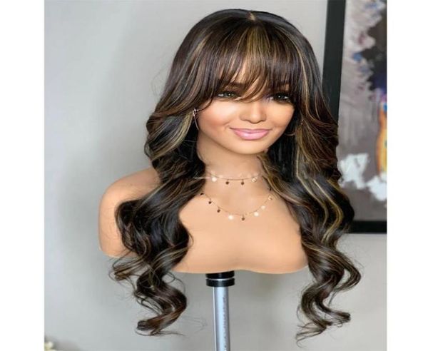 Perucas de renda base de seda destaques onda do corpo cabelo humano com franja 360 frontal brasileiro remy loira 13x6 peruca dianteira franja6656470