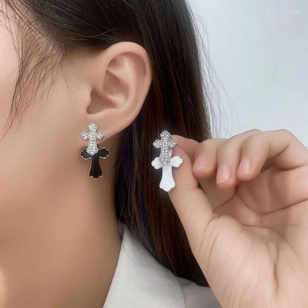 Ohrstecker, doppelseitig, Öl tropfendes Zirkon-Kreuz, für Damen, Modeschmuck, minimalistisches Zubehör