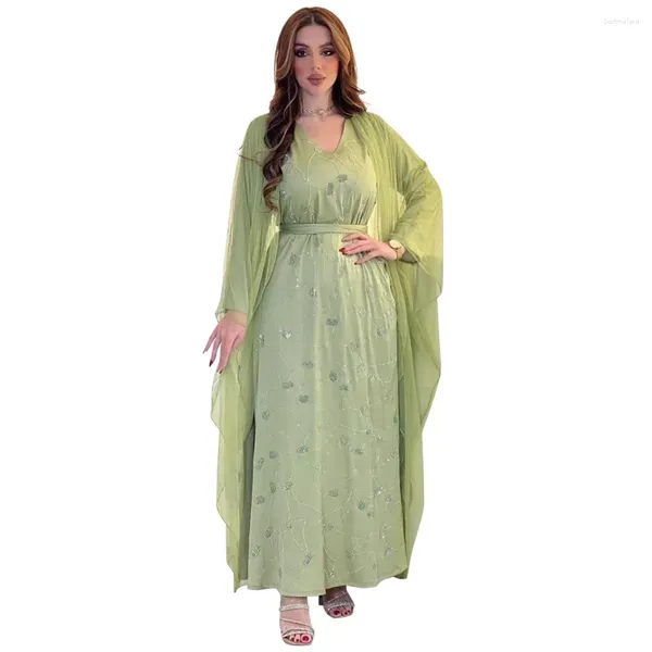 Casual Kleider Nahen Osten Arabischen Robe Frau Mesh Langarm Vestido Chiffon Bling Maxi Kleid V-ausschnitt Mode Party