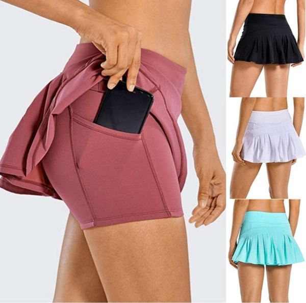 Saias de tênis plissadas saia de yoga roupas de ginásio mulheres correndo fitness calças de golfe shorts esportes volta cintura bolso zíper lululemen 6129ess