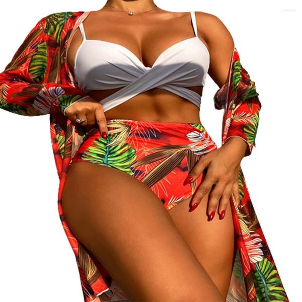 Damenbadebekleidung FS Sexy Frauen Roter Druck Hohe Taille Bikini Set Ausgehöhlter Badeanzug Lange Kittel Drei Stücke 2024 Sommerankunft