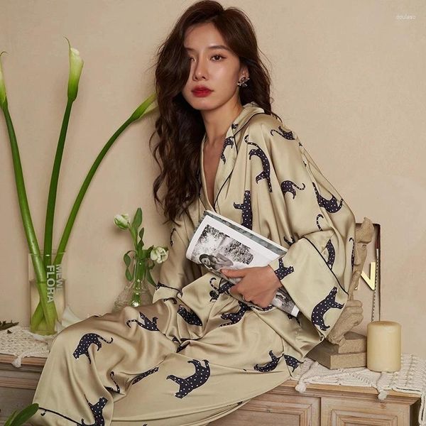 Kadın pijama pamas 2024 Sonbahar Pijamas Seti Leopar Baskı Nightwear Leisure Homewear Kadın