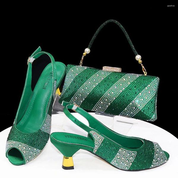 Kleidschuhe Doershow Wunderschönes, hochwertiges Damen- und Taschen-Set im afrikanischen Stil, neueste grüne italienische Tasche für Party HTY1-25