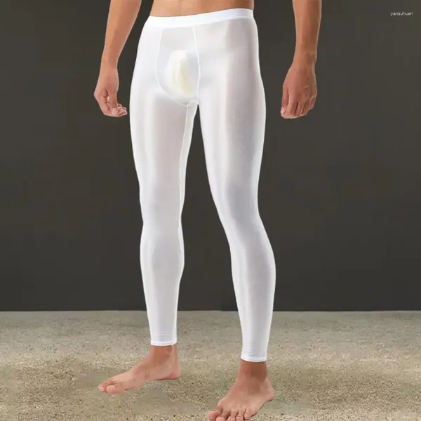 Calças masculinas elásticas de seda calças lisas slim fit leggings com bolsa convexa em u alta elasticidade para conforto