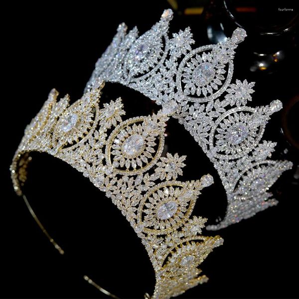 Grampos de cabelo 3a prata e ouro cores grandes coroas para mulheres completa zircônia nupcial tiaras festa de casamento headpieces acessórios de jóias