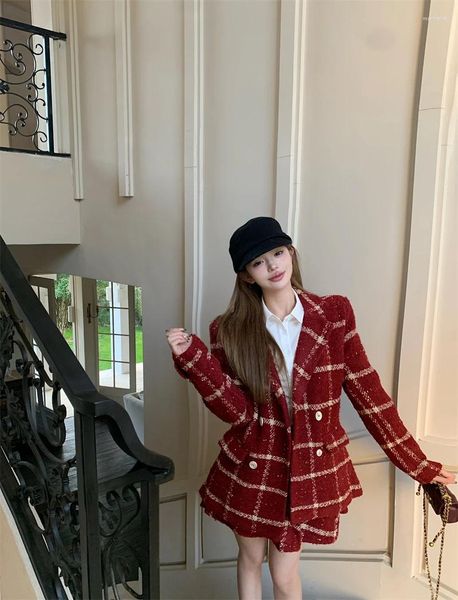 Abiti da lavoro Coreano Dolce Ragazza Abito da donna Inverno Natale Rosso Casual Cappotto sartoriale Vita alta Minigonna a trapezio Moda Set a due pezzi