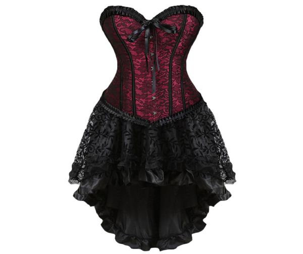 2018 Frauen Burlesque Tänzerin Hexe Halloween Sexy Vollbrust Bustier Mini Gothic Korsett Kleid mit Rock Plus J1907013373329