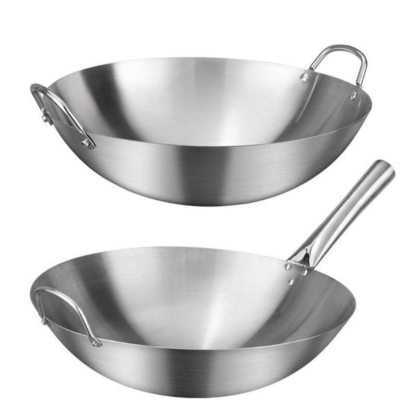 Padelle in acciaio inossidabile antiaderente Wok cinese fatto a mano doppio orecchio Chef frittura fornello a gas rivestimento fondo tondo cottura Woks269N