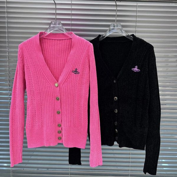 Suéteres femininos bordados de malha cardigan para mulheres na moda marca com decote em v único breasted rosa topo jumper jaquetas camisola