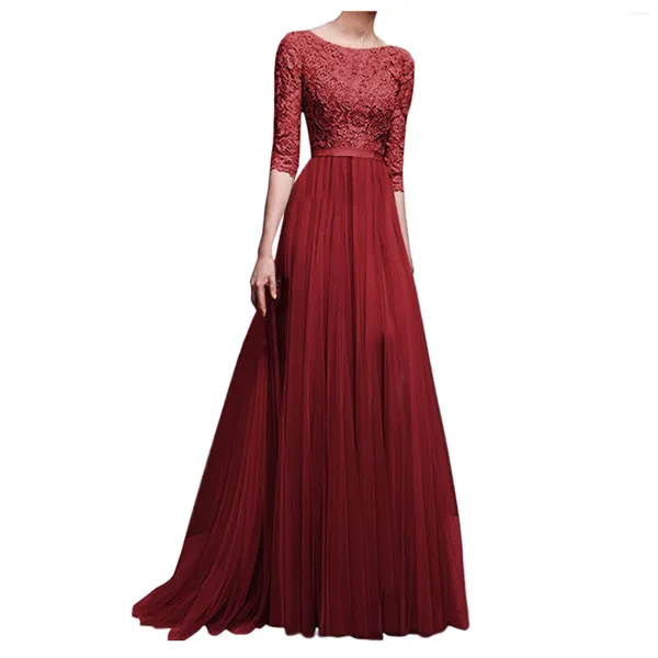 Parti Elbiseler Kadın Resmi Elbise Düğün Vintage Şarap Kırmızı Akşam Balo Yarım Kollu Varış Dantel Boş Çıkış Maxi Vestidos