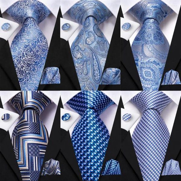 Bow Ties Hi-Tie Gravata Azul Luz para Homens Elegantes Mens Gravata Bolso Quadrado Cufflink Noivo Casamento Acessório Atacado Designer