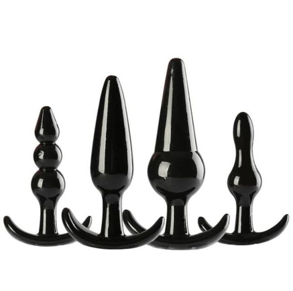 Giocattolo del sesso anale nero 4 pezzi Set Butt Plug Prodotti per adulti per donne e uomini TPR Anus Toys9001916