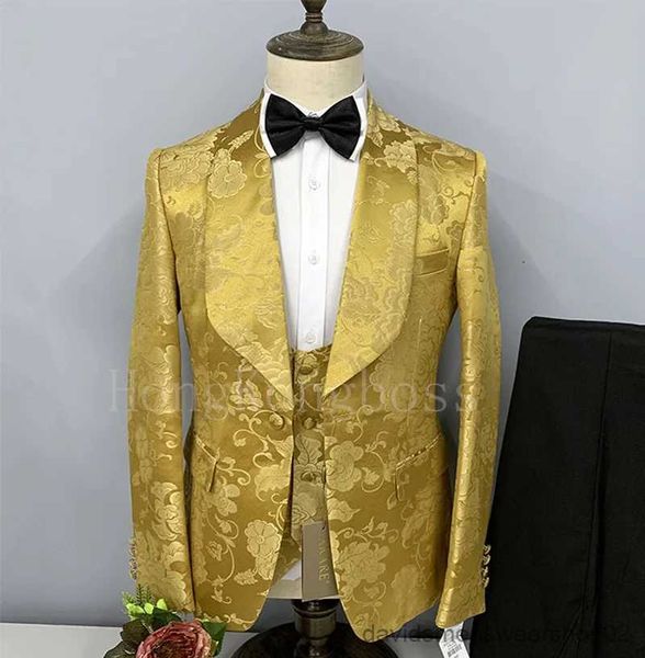 Abiti da uomo Blazer Abito da uomo stampato floreale 3 pezzi Slim Fit Moda Scialle Giacca con bavero Gilet Pantaloni Set Prom Party Business Luxury Smoking da uomo in oro