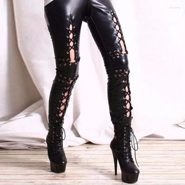 Damenhosen Frauen Gothic Kunstleder Elastische Leggings Hollow Out Lace Up PU Leggins Lady Fetisch Sexy Schwarz Punk Rock Skinny