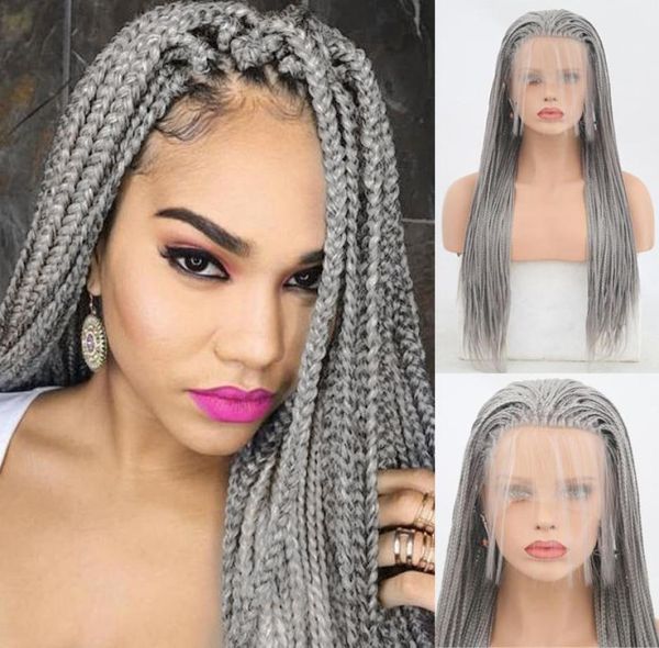 Elegante carisma cinza prateado trançado peruca dianteira de renda com cabelo de bebê para mulheres negras - peruca de tranças em caixa de parte sintética - 2038391