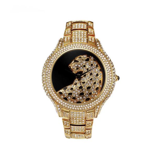 Modello di orologio leopardo selvaggio intarsiato con orologio inglese orologio da donna in acciaio pregiato con diamanti pieni di moda con strass