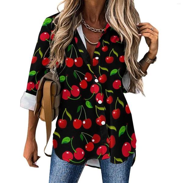 Blusas femininas cerejas vermelhas impressão blusa folhas verdes kawaii gráfico casual feminino estilo de rua camisas outono manga longa oversize topo