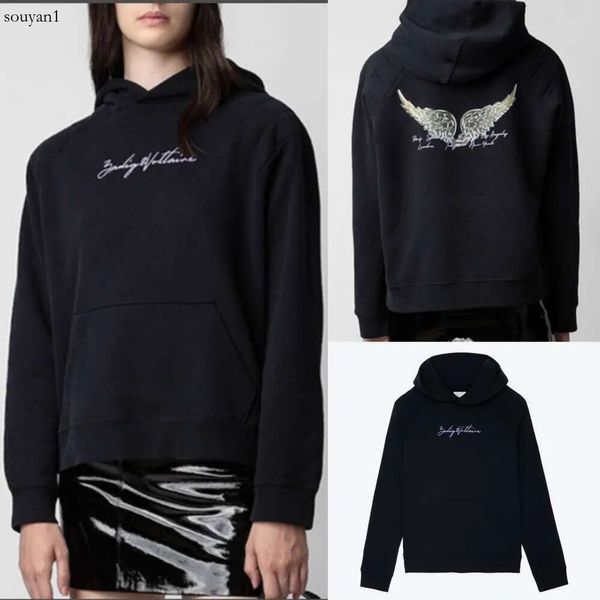 23AW Zadig Voltaire New Niche Damen-Designer-Kapuzenpullover mit Buchstaben vorne und hinten mit Flügeln, weiße Tinte, digitaler, einfacher Druck, Baumwolle, vielseitiger Kapuzenpullover