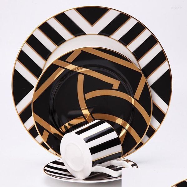 Geschirr-Sets 4-teiliges Set Modernes schwarzes Design Keramik Bone China Abendessen für und Geschenk Kaffeetasse Untertasse mit Drop-Lieferung DHSZY