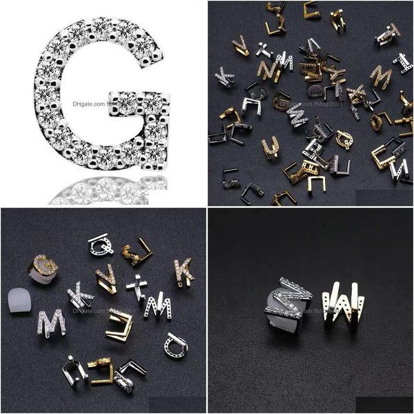 Grillz Griglie dentali Lettera Hip Hop Dente singolo Grillz per uomo Donna Diamanti 26 lettere maiuscole Placcato oro 18 carati Regalo di gioielli 2 Co Dhnjl