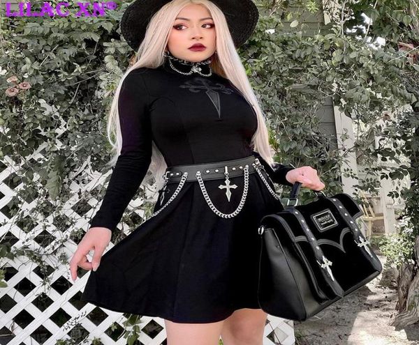 Casual Kleider Gothic Stickerei Schwarz Langarm Mini Vintage Elegante Rollkragen Korsett Bodycon Party Für Frauen KleidungCasual6114295