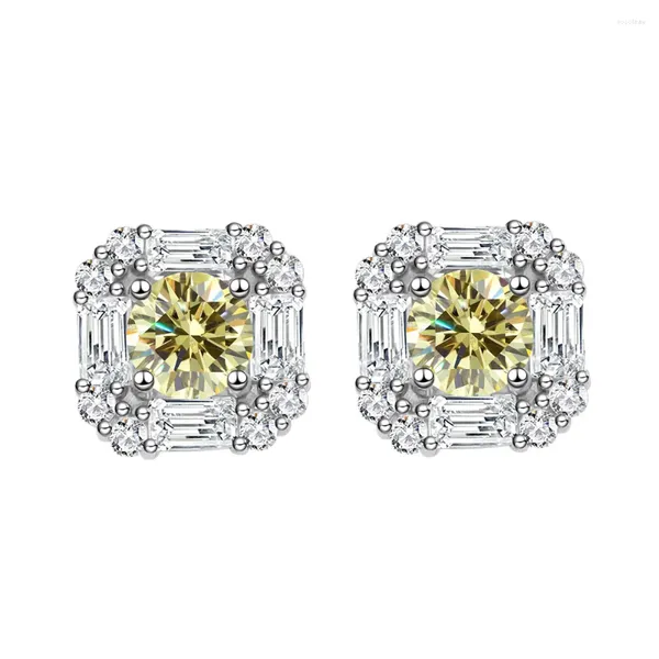 Brincos de garanhão quadrado incrustado circular 5mm diamante amarelo para mulheres 925 prata decoração de orelha joias de moda