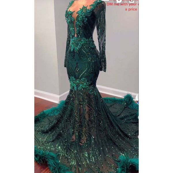 Abiti da ballo sexy a sirena a maniche lunghe 2024 Abiti da festa di gala da sera per ragazze nere con paillettes scintillanti verde smeraldo trasparenti