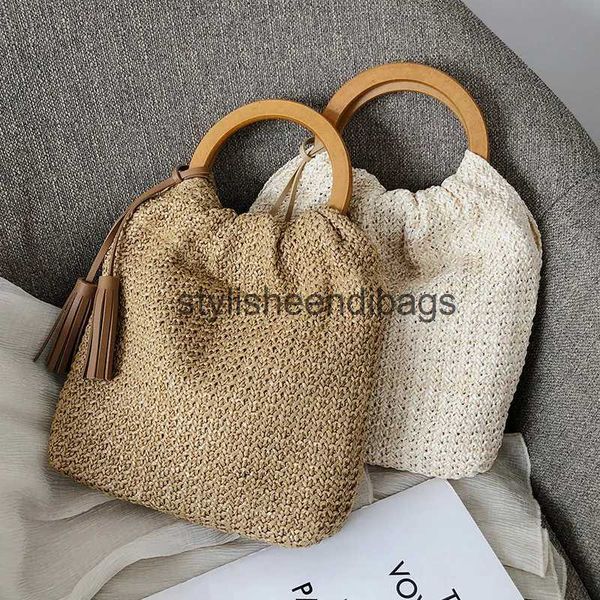 Totes Sommer-Handtaschen mit Holzgriff, böhmische gewebte Strohtaschen für Frauen 2023, Reise-Einkaufstasche, Rattan-Strandtasche, Quasten-Clutch-Beutel, ChicH24219