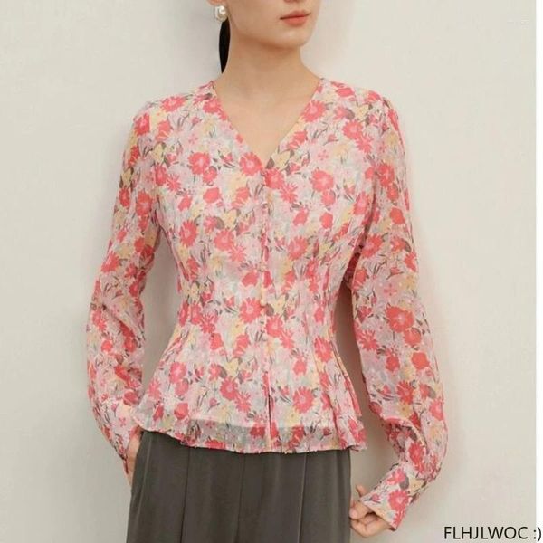 Женские блузки, милые топы, дизайнерская одежда в японском корейском стиле, весенняя одежда 2024 года с расклешенными рукавами, цветочным принтом и пуговицами, баска, детская рубашка, короткие блузы
