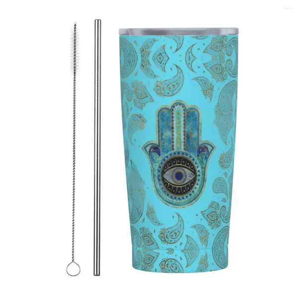 Tumblers Hamsa Mão de Fatima Paisley Tumbler isolado com tampa de palha Amuleto Símbolo Vácuo Viagem Térmica Caneca Carro Garrafa Copos