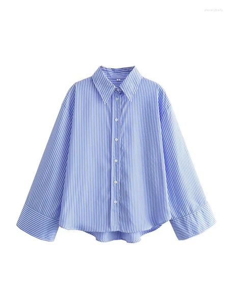 Kadın bluzları zadata moda gündelik çok yönlü gevşek mavi çizgili yaka retro uzun kollu düğmeli gömlek