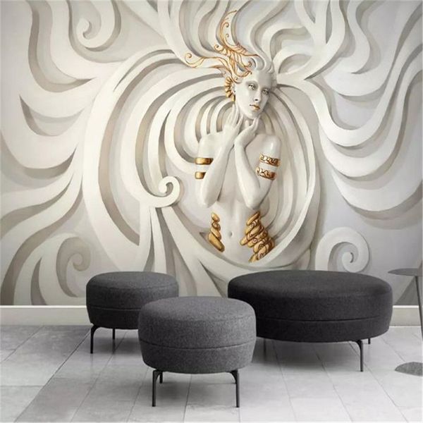 3D-Charakter-Tapete, geprägte Skulptur, die einen goldenen Kreis trägt, Schönheit, Wohnzimmer, Schlafzimmer, Hintergrund, Wanddekoration, Wandbild, Wall272Q