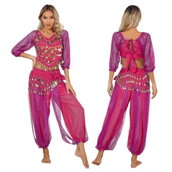 Bühnenkleidung Damen Indien Bauchtanzkostüme Set Sari Outfit Bollywood Ägypten Party Performance Crop Top Pumphose Hüfttuch